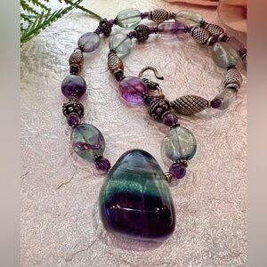 Natural Fluorite 925 Sterling silver Necklace. Large Tri-color Fluorite Pendant